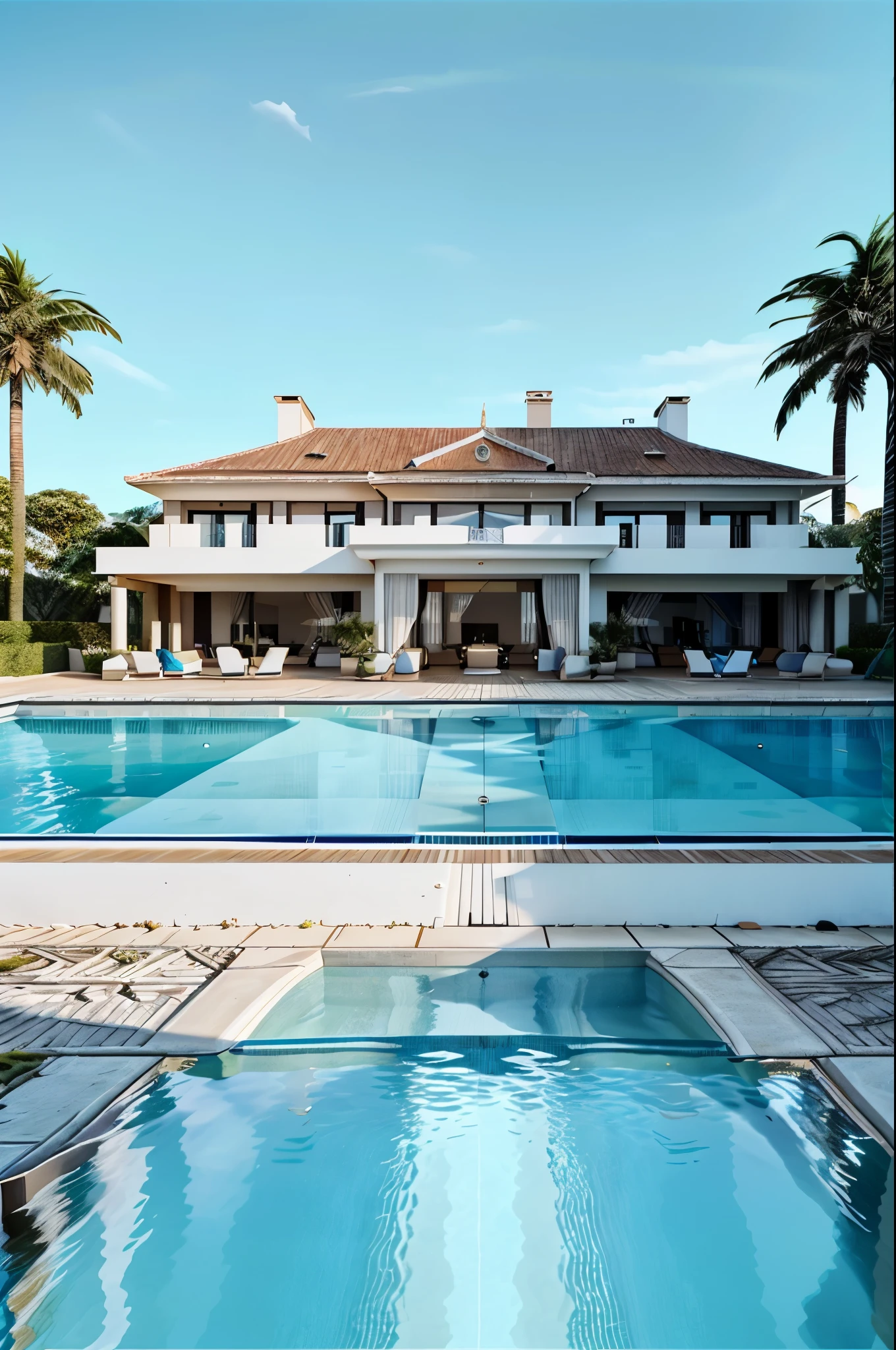 Luxury villa by the sea，White walls，Blue roof，large french window，swimmingpool，palmeiras