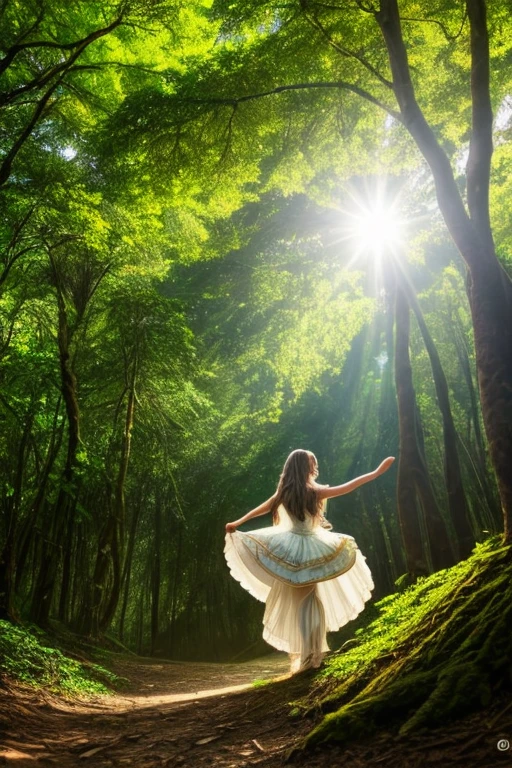 uma princesa sozinha, cabelo loiro e longo, in the forest dancing, bastante arvores, sol iluminando, birds, flores, um castelo no alto do lado acima da floresta.
