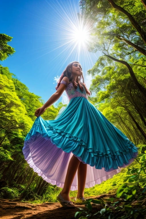uma princesa sozinha, cabelo loiro e longo, in the forest dancing, bastante arvores, sol iluminando, birds, flores, um castelo no alto do lado acima da floresta.