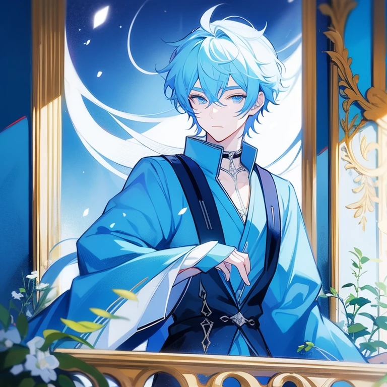 anime guy sitting on the windowsill, anime handsome man, beautiful anime pose, Tall anime guy with blue eyes, Anime portrait of a handsome man, young anime fan, Male anime style, too close to the viewer,  beautiful blue eyes, slightly cold and warm blue eyes