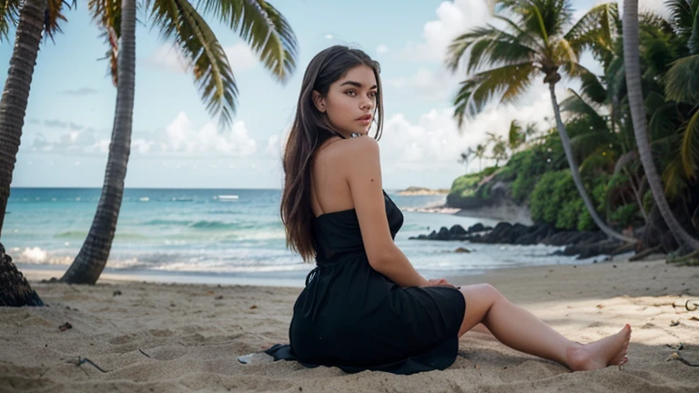 high detail, photorealistic, 8k, high quality, blurred background, photograph of a araffed in a black dress sitting on a beach, model, ((from behind, looking not into camera)), beach, palms, hawaii, sea, straight brown hair, sasha grey, portrait women, 40 years old, madison beer wimen  portrait, violet myers, she looks like a mix of grimes, maggie lindemann, very pretty model, arian mark, natural makeup, blue eyes, cleft chin, ((full body)), deep tan skin, glow, (summer, hot, night), high detailed face, eyes in sharp focus, high quality face, high detailed hands, high quality hands, anatomically correct,