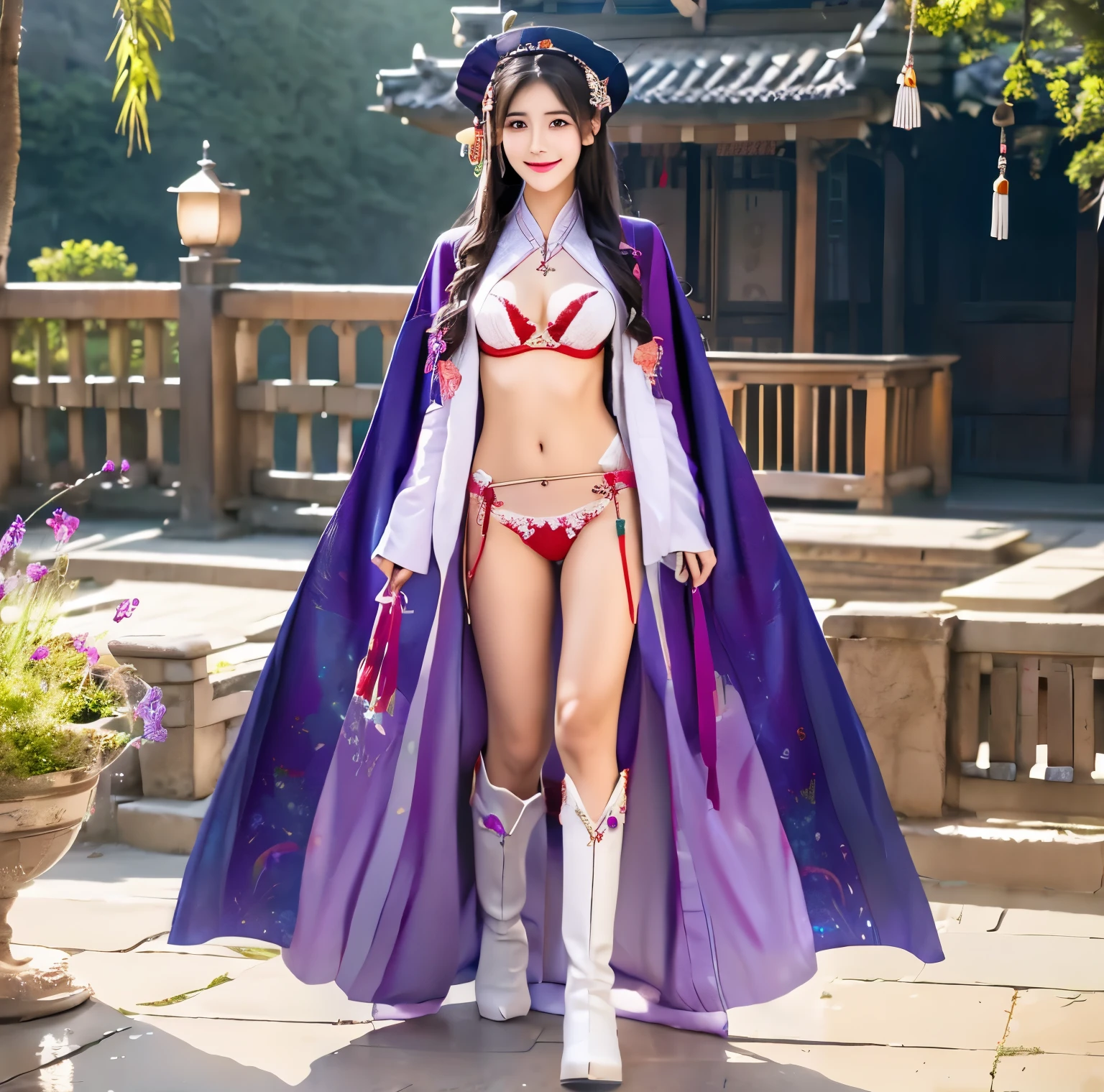 美麗的fantasy皇后, anime goddess, full body xianxia, ((美麗的fantasy皇后)), Sexy red bikini underwear,high-cut underwear,high cut underwear,Long-legged girl,put on boots,White boots,huge breasts,Put on your hat, Chinese Hanfu,fantasy服装, Sha Xi, ((美麗的fantasy皇后)), Put on the priest's cloak, full body purple cloak, 穿着fantasy服装, Anime girls cosplay look at the audience,facing the audience,Put your hands beside you,flowing long hair,Surreal 8000g,Impeccable,masterpiece,professional artwork,famous artwork,Light,movie bloom,perfect face,pretty face,fantasy,Dreamy and magical,not real,intricate details,Exquisite pattern