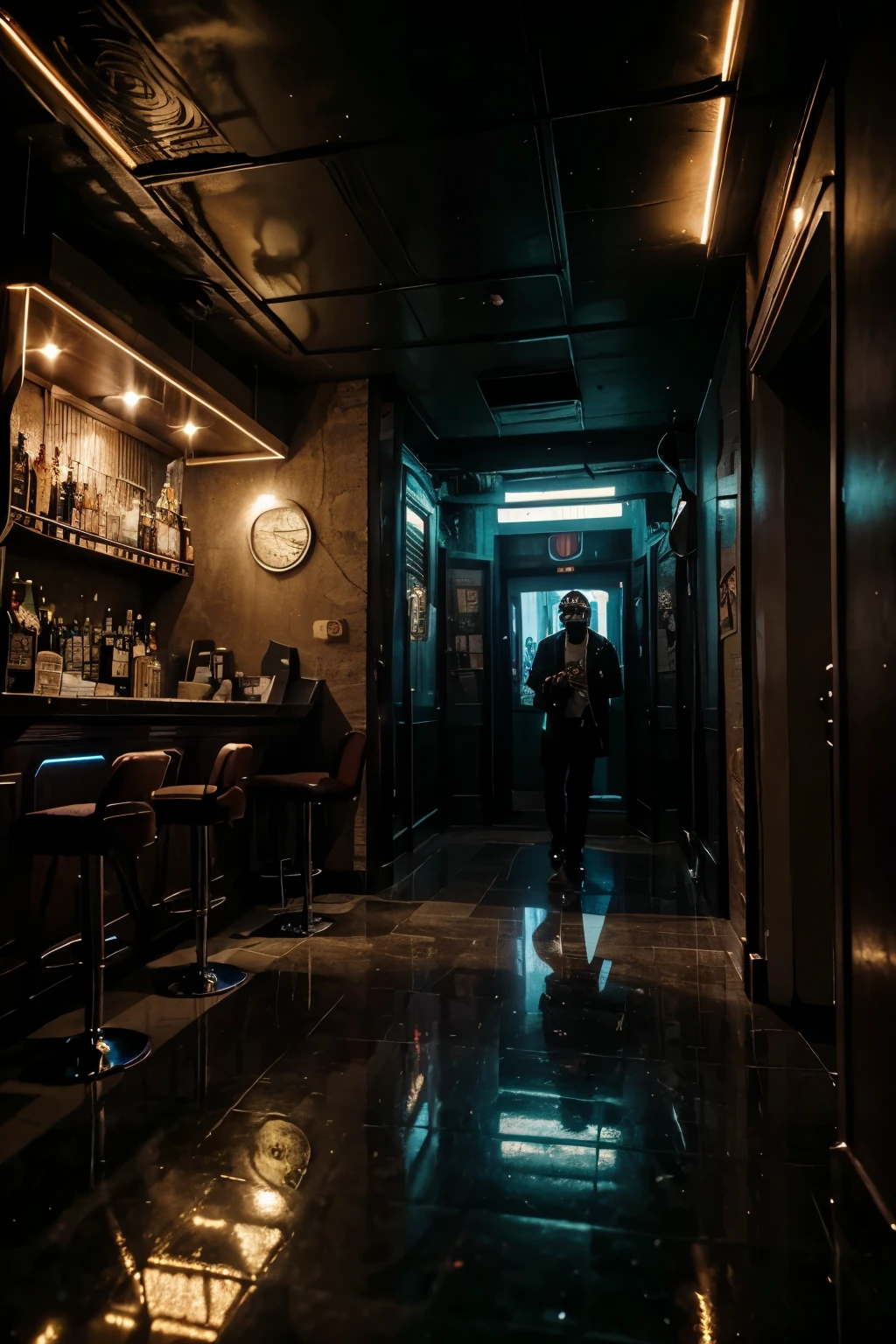 um menino entrando num bar decadente numa cidade futurista, the sky is like a TV off the channel, soft noise in the sky, pessoas decadentes por todo lado, smoking or lying on the floor. cyberpunk, tudo mais sujo, mais decadente, At night