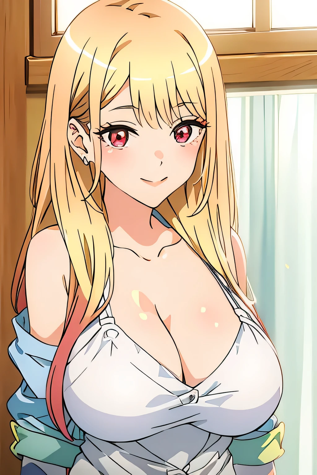 white shirt posing for the camera, seductive anime girl,breasts covered and sfw, big breasts!, sie boob, teasing smile, cleavage high quality, masterpiece, 1girl, marin kitagawa, long hair, yellow hair, bangs, blonde hair, (red eyes:1.5), large breasts, huge breasts, light on breasts, attractive anime girl, attractive breasts,standing, we see her huge breasts, close the camera, look into viewer, light on her breasts, marin kitagawa, marin,
