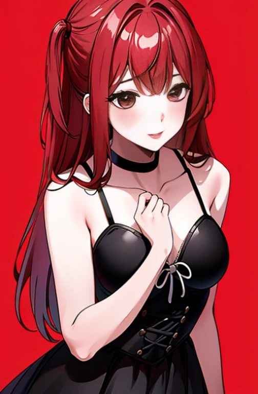 1girl, By Kiyahara, He smiles, long hair, Dark dress, Upper body, red choker