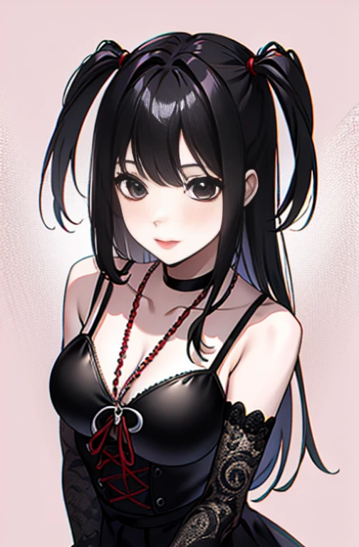 1girl, By Kiyahara, He smiles, long hair, Dark dress, Upper body,  red choker 