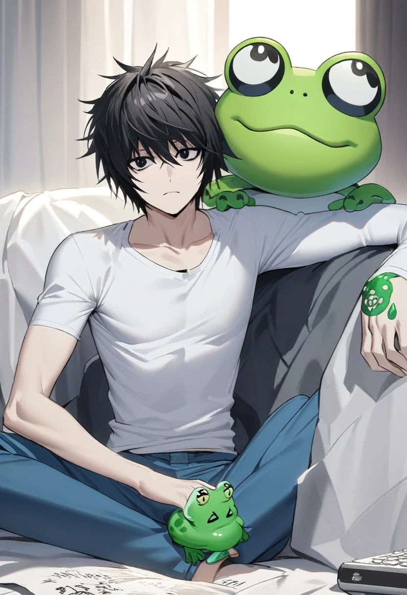 Create a drawing from the anime death note of the character who is sitting and on top of his right hand he has a cute green frog. Make him have white black hair with a white t-shirt and blue pants and black eyes, also do it as a cold character, calculador y relajado 