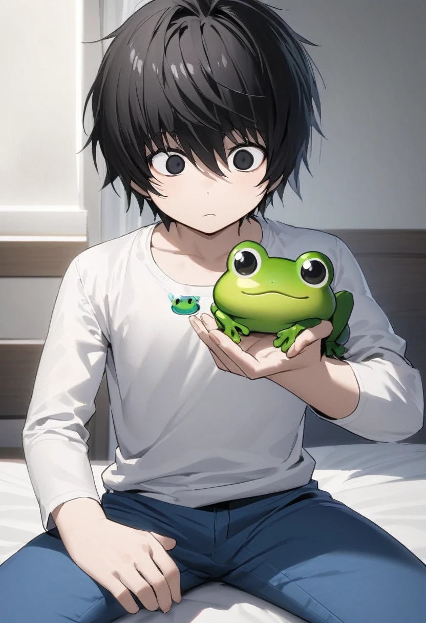 Create a drawing from the anime death note of the character who is sitting and on top of his right hand he has a cute green frog. Make him have white black hair with a white t-shirt and blue pants and black eyes, also do it as a cold character, calculador y relajado 