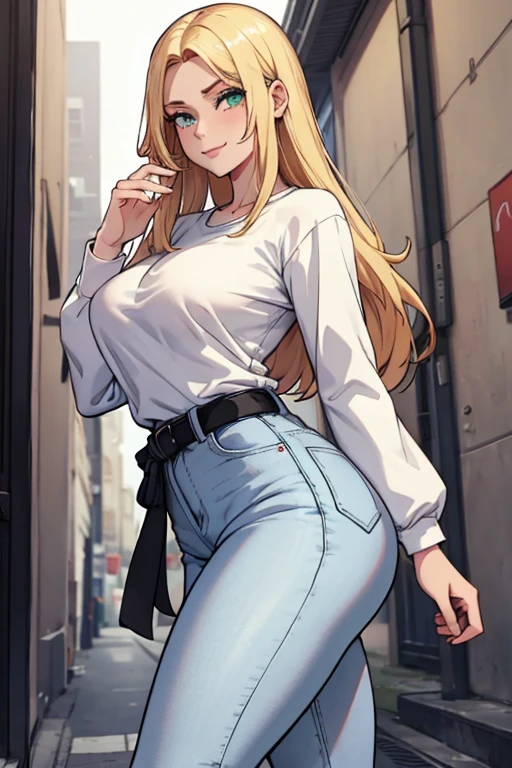 female, blonde long hair, green eyes, pale skin, (((1girl))), (((white long sleeve t-shirt))), (light blue denim pants), (black belt), (black flats), cute and sexy, large breasts, large butt, full body, long legs, smiling, cleavage