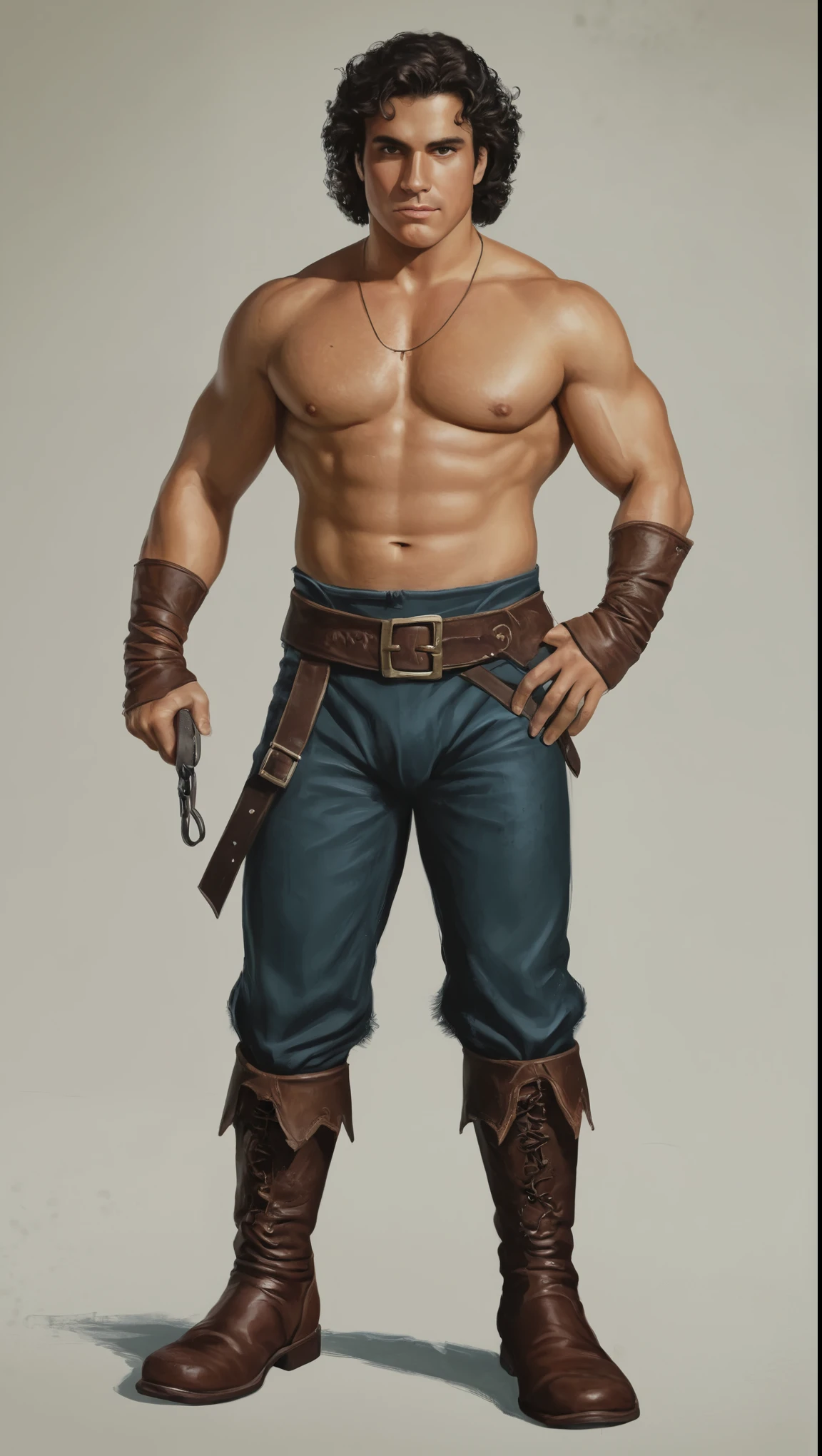 An illustrated movie poster, hand-drawn, full color, a swashbuckler, male, 28 years-old, wearing ankle-banded pants and leather boots, resembles a young Lou Ferrigno, sun-tanned skin, round face, average height, broad shoulders, soft belly, slightly chubby, deep brown eyes, wide bulbous nose, black hair, curly taper fade, thick bushy eyebrows, extremely hairy chest, stomach, and arms, lots of body hair, posing on a pedestal, wet listening skin, hard shadows, graphite shading, stencil marks, airbrushed acrylic paint, masterpiece, in the style of Skyrim