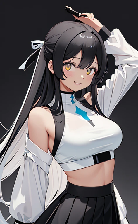 ((masterpiece、top-quality:1.5、a high chroma:1.5、ultra-detailliert、high-resolution illustrations:1.5、Ultra-high-definition CG、8k size wallpaper、offcial art))、(upper body)、(1girl),(light smile
:1.5)、(clear face:1.3),(standing),
(white-only color scheme:1.5,black-only color scheme:1.5),(sexy body),(One only wears white, one only wears black),(neck holder crop top,micro skirt),(long hair), (large breasts)、
(hair ribbon)、