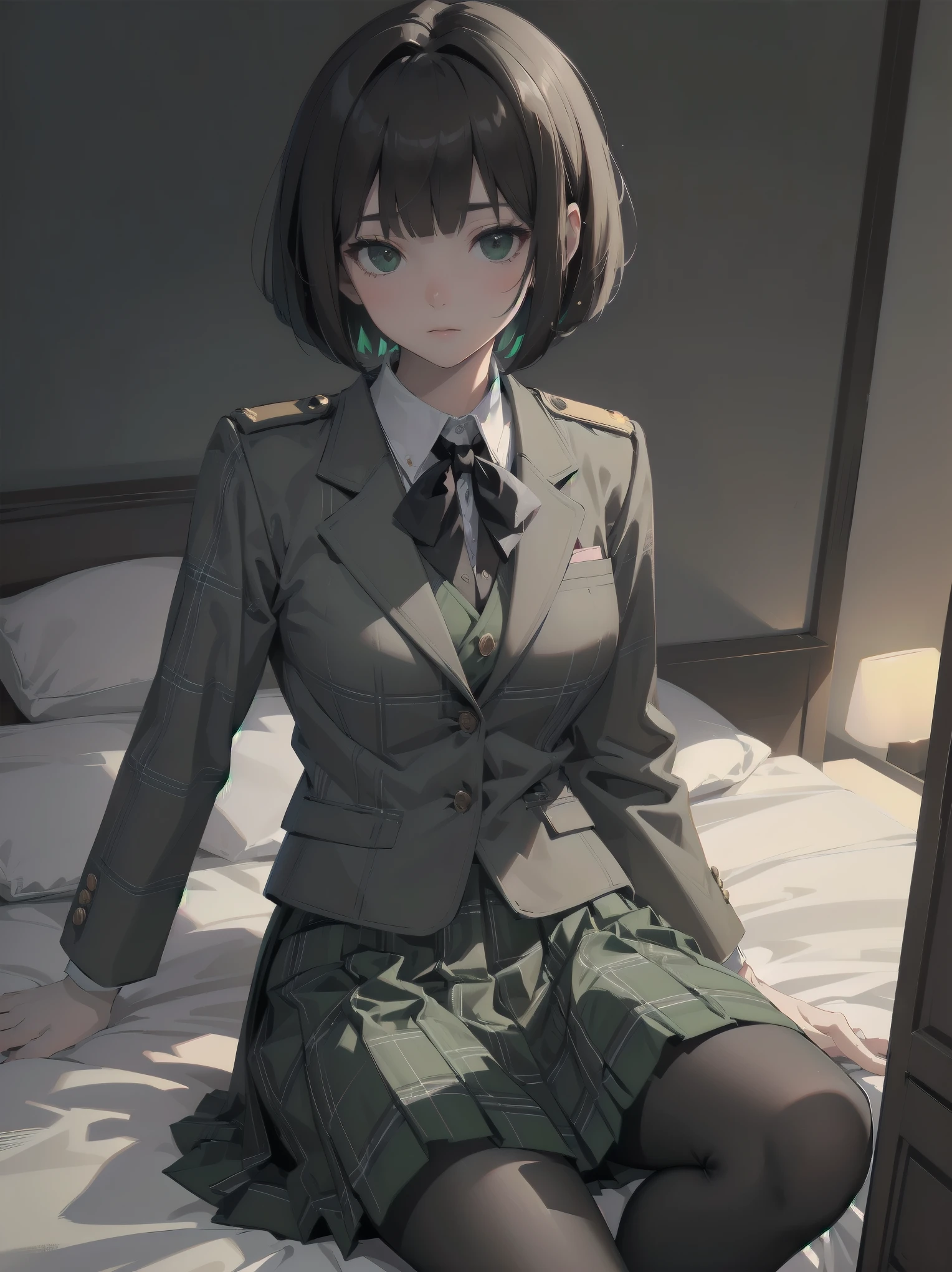 Top-High quality、Highest image quality、masterpiece、high contrast、Vulgarity、high school girl、on the bed、brown hair、bob cut、uniform、(brown blazer)、ribbon tie、(Green and gray plaid skirt)、(black tights)、cinematic lighting、fine shading