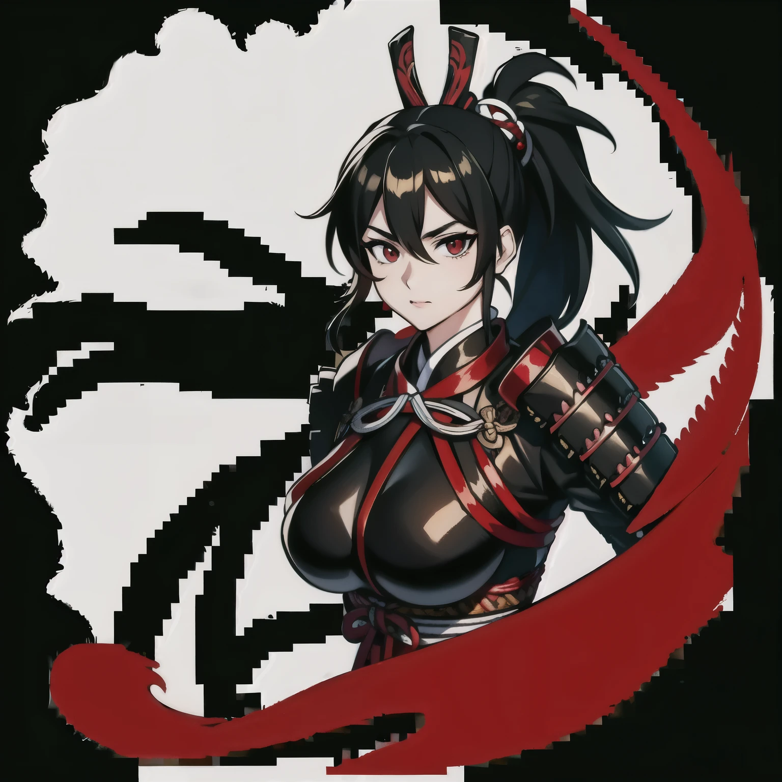 masterpiece, best quality, 1girl, solo, ponytail, black hair, breasts, red and black samurai armor,  looking at viewers, splash art, black background