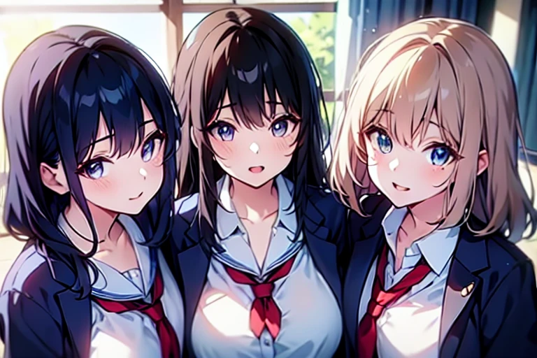 3girls,trio,perfect skin,4k, high resolution,uhd,cowboyshot,pov,beautiful detailed eyes, detailed lips, long eyelashes, bright and vibrant colors, natural lighting,(best quality, highres), ultra-detailed, soft and smooth texture, no distractions, dreamlike sensation, slight bokeh effect,highlighting her figure,deformed and independented breasts,(small breasts:0.5),Skin Gloss,oily skin,Skin Highlights,schooluniform,Almost undressed,cleavage