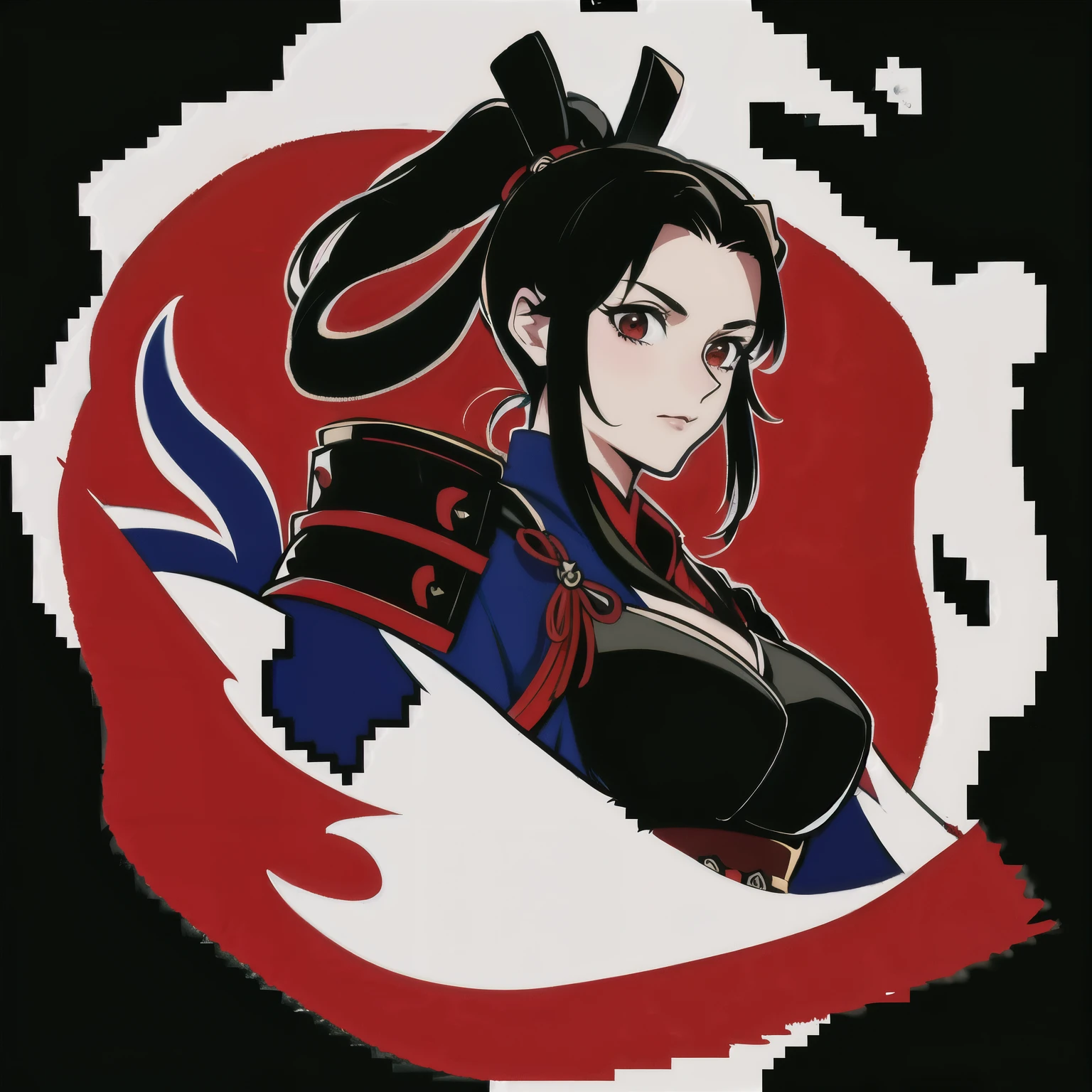 masterpiece, best quality, 1girl, solo, ponytail, black hair, breasts, red and black samurai armor,  looking at viewers, splash art, black background