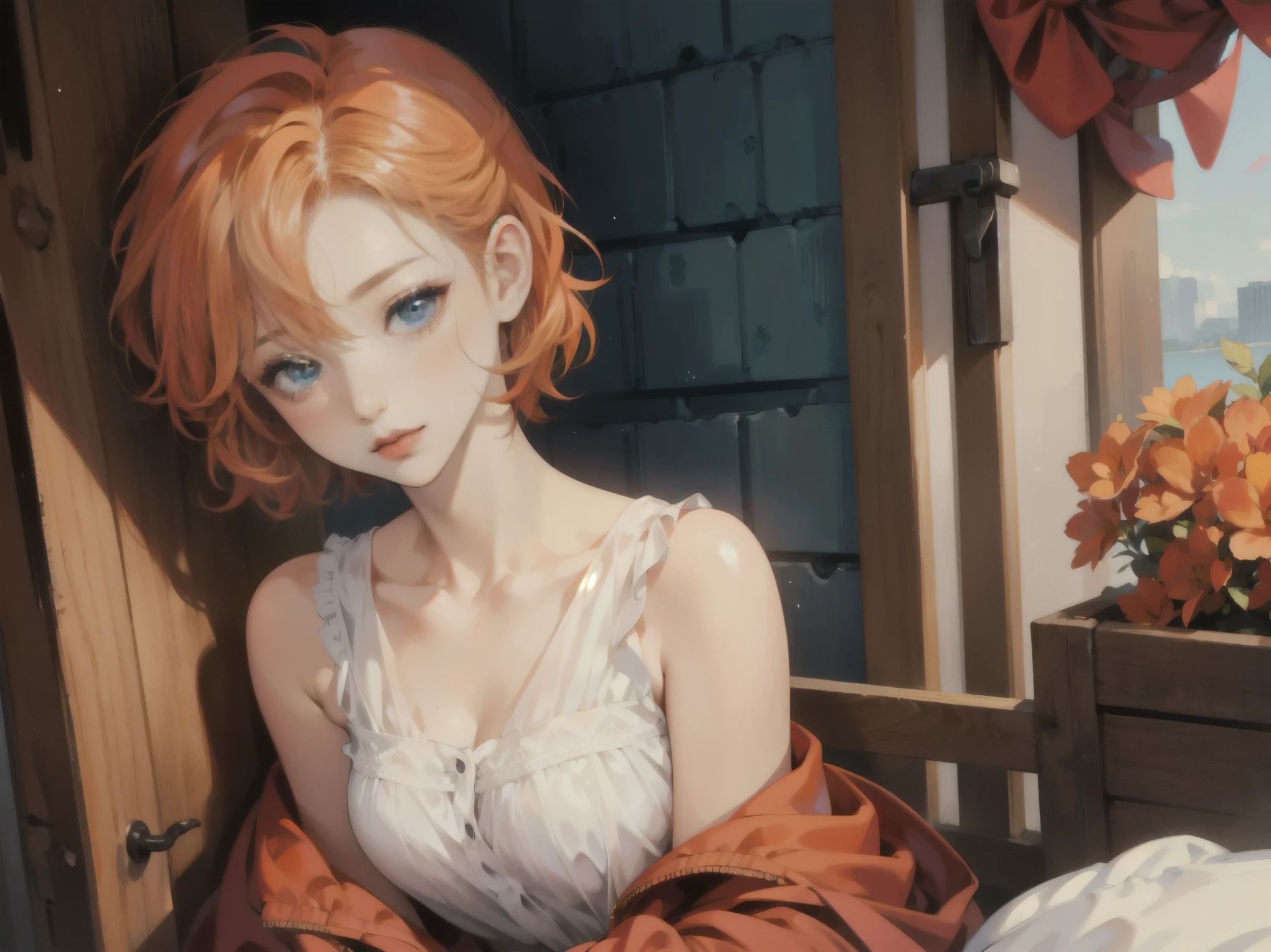 alone、cute woman、Orange short curly hair、undercut、blue eyes、clear eyes、blush、dark red lips