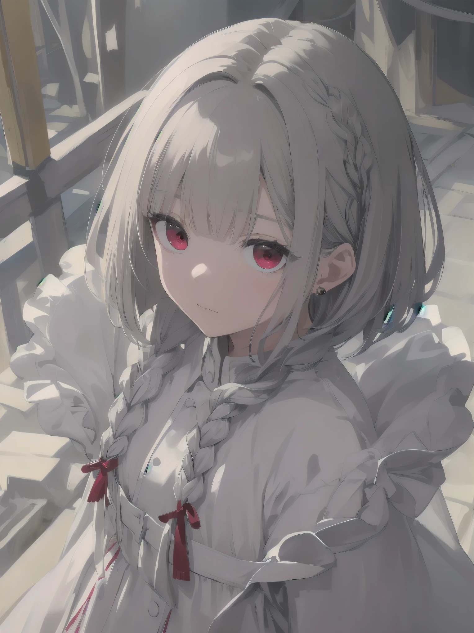 highest quality, masterpiece,gray hair, red eyes,white clothes, look up, Upper body,Fair skin,One-length bob cut with braided braids、cute
