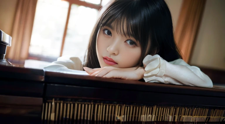 (1 girl)、best quality、masterpiece、ultra high resolution、(Photo realism:1.4)、original photo,there is a woman that is playing a pianoin a room, playing piano, piano家, pianoin the background, (客廳內1 girl面向黑色的piano、Straight, black hair、Delicate hair details)、(客廳內一部黑色piano、Girl fingers on piano keys、Delicate finger details)shadow、octane rendering、8K、Super sharp、(breast、long sleeve、White tulle、portrait、silk pajamas、Delicate silk details)、(Girl playing piano fingers、Very fine finger details) , beautiful woman, Perfectly detailed, mesmerizing and seductive, real pianos, piano, full piano, Beautiful asian girl, Serenity and elegance, Excellent composition,