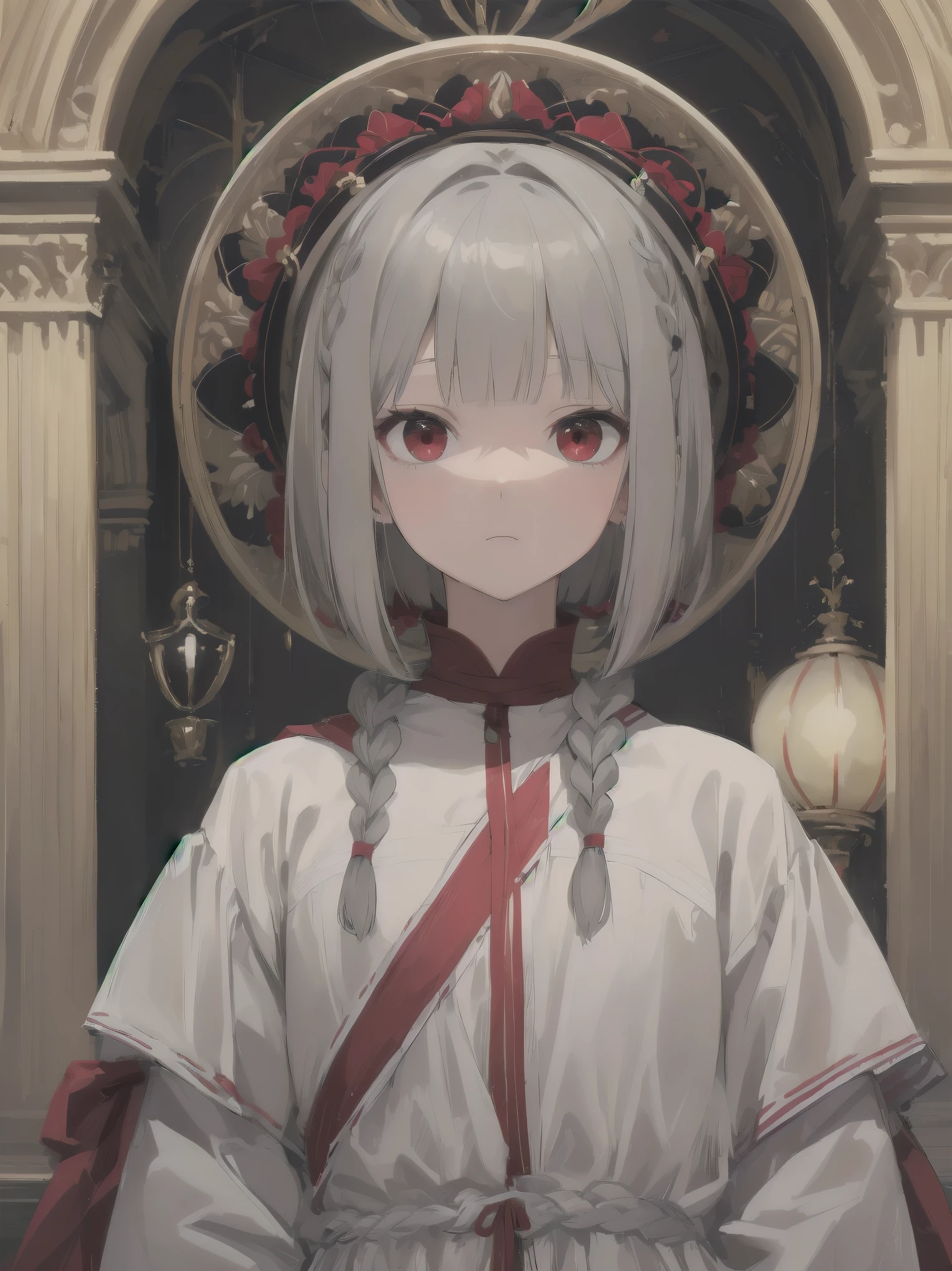 highest quality, masterpiece,gray hair, red eyes,white clothes, look up, Upper body,Fair skin,One-length bob cut with braided braids、cute
