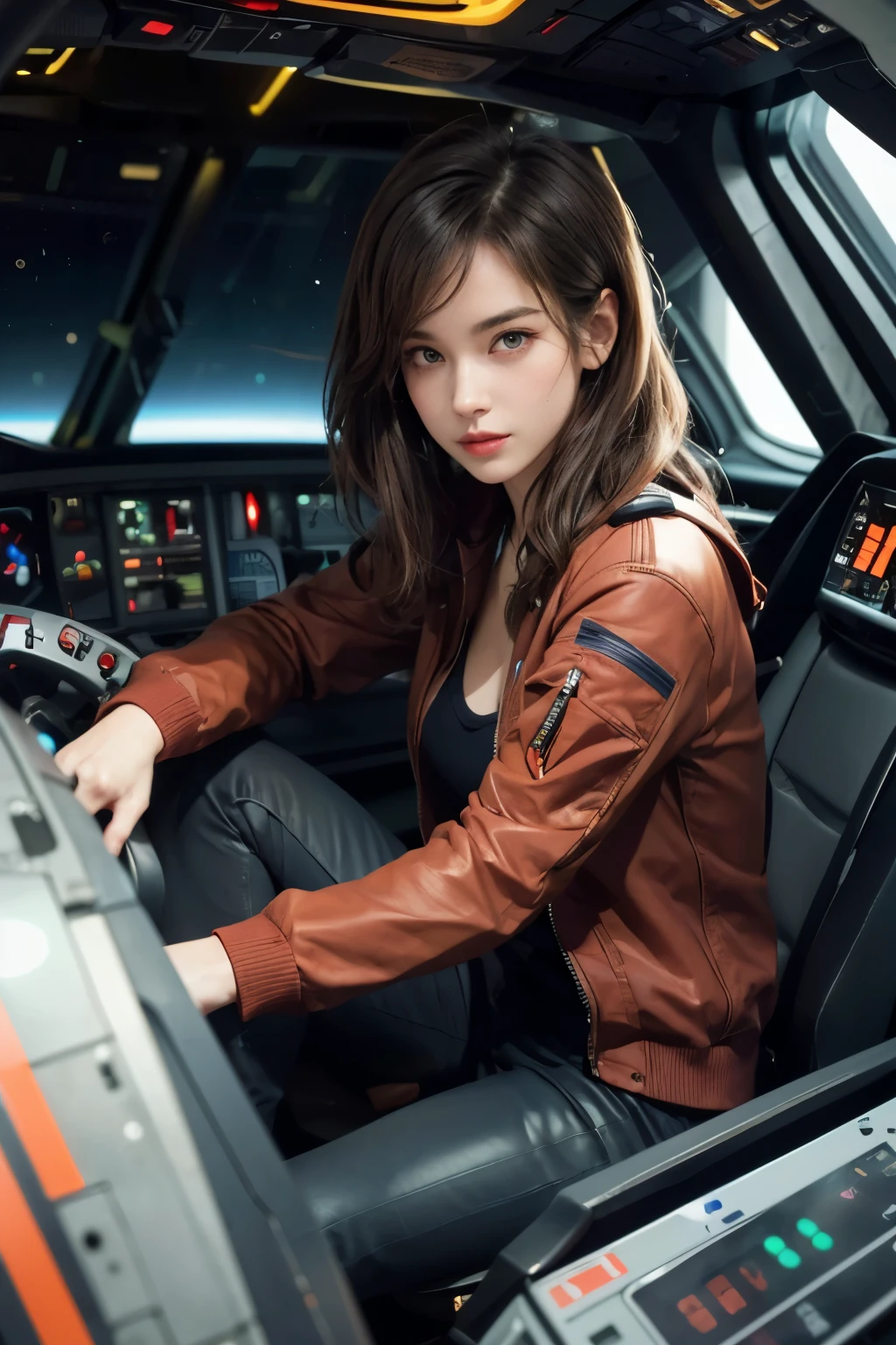 anime girl In the cockpit of a spacecraft with a steering wheel, portrait anime space cadet girl, In the cockpit of a spacecraft, Pilot Girl, sci-fi pilot, cute Pilot Girl, Jaina Solo, futuristic spaceship crew, star citizen digital art, Solo female characters, portrait of cute Pilot Girl, sitting sadly in a spaceship, 70's jetfighter Pilot Girl