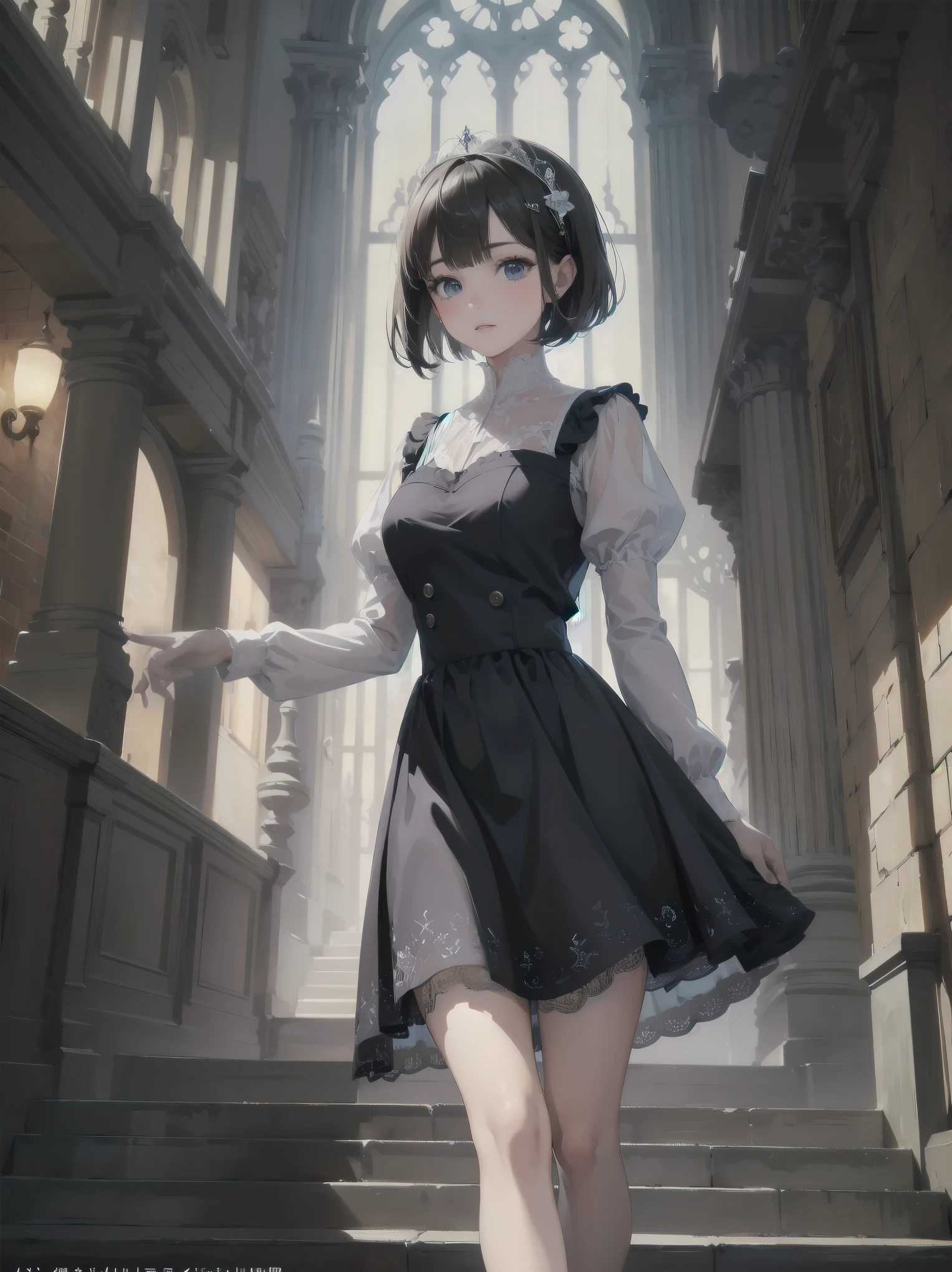 bride: wedding ring shining on ring finger Fusion of medieval European fashion Emphasis on elements of cuteness and adoration Posed illustration of the overwhelming cuteness of the character in the foreground Overwhelming architectural and cityscape background Ultra-detailed, rich, contemporary interpretation of medieval Europe and fantasy world Realistic textures, Professional artistic shading and light sources, scene-like cinematography and effects, depth of subject One beautiful girl, super cute, bob cut, side ponytail, perfect anatomy
Colours: pastel, white, pale purple, blue, gingham check
Materials: chiffon, lace, satin, velvet, etc. Silhouette: fluffy skirt, A-line, long length
Decoration: frills, ribbons, lace, pearls, embroidery etc. Coordinates Romantic princess: pastel dress, lace blouse, fluffy skirt, ribbon hair accessory, black tights Add accessories and accessories to personalise.