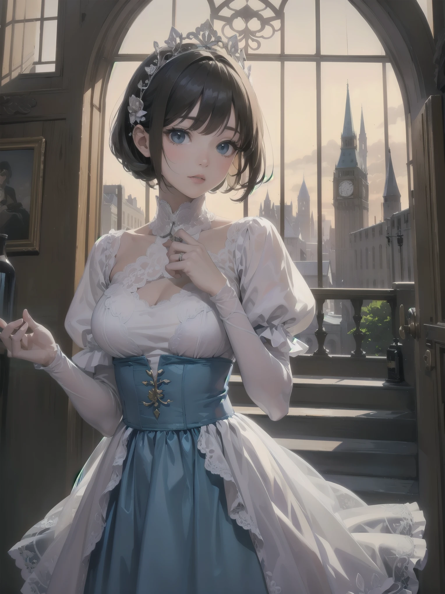  bride: wedding ring shining on ring finger Fusion of medieval European fashion Emphasis on elements of cuteness and adoration Posed illustration of the overwhelming cuteness of the character in the foreground Overwhelming architectural and cityscape background Ultra-detailed, rich, contemporary interpretation of medieval Europe and fantasy world Realistic textures, Professional artistic shading and light sources, scene-like cinematography and effects, depth of subject One beautiful girl, super cute, bob cut, side ponytail, perfect anatomy 
Colours: pastel, white, pale purple, blue, gingham check 
Materials: chiffon, lace, satin, velvet, etc. Silhouette: fluffy skirt, A-line, long length 
Decoration: frills, ribbons, lace, pearls, embroidery etc. Coordinates Romantic princess: pastel dress, lace blouse, fluffy skirt, ribbon hair accessory, black tights Add accessories and accessories to personalise.