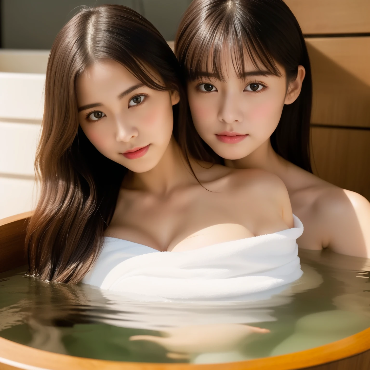 (8K)、(best image quality:1.2)、(realistic)、(Photoreal:1.37)、Ultra - High resolution、1 girl、closed mouth、beautiful details、Beautiful nose in every detail、best image quality、outstanding detail、超A high resolution、focus on details、condensed 1girl、delicate and beautiful face、long haired person、messy hair、Japanese hot springs、Raise your shoulders out of the water、Wrap your whole body tightly with a bath towel、big breasts、blush、cleavage、((vapor:1.10),Wooden bathtub、against the background of nature、