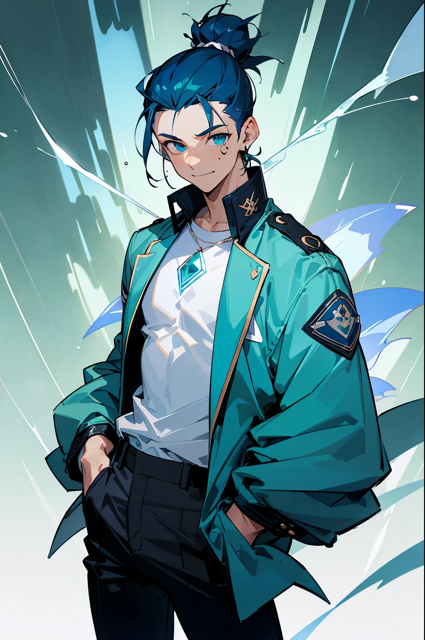 Dark Blue Hair, Blue Tear Drop Tattoo,young male ,light green eyes, blue gem on chest, smiling expression, hands in pockets, rocky background, grassy background, white shirt, blue jacket, black pants, man bun