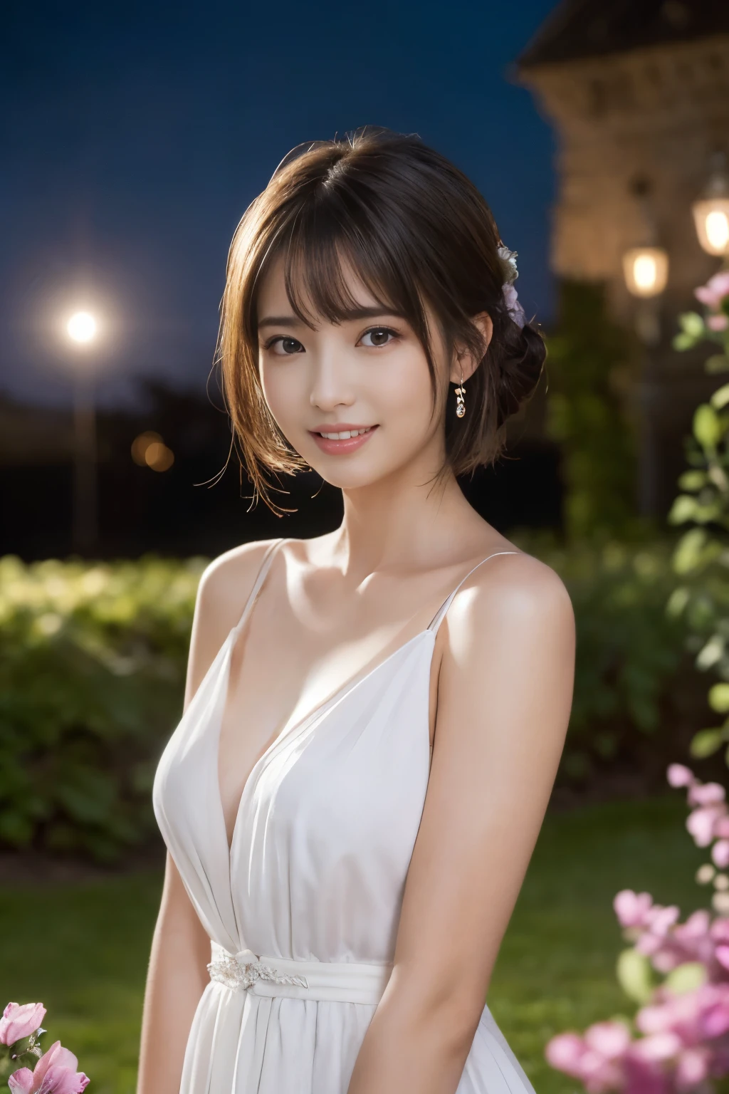 
((table top:1.4, highest quality)), (realistic pictures:1.4), 
((1 girl)), (Pure actress), (dream-like),
(超High resolution:1.2), very delicate and beautiful, wonderful, Highly detailed CG Unity 8K wallpaper, Super detailed, High resolution, 
soft light, beautiful detailed girl, highly detailed eyes and face, beautifully detailed nose, beautiful and detailed eyes, 
(Wear a white dress:1.3), 
cinematic lighting, perfect anatomy, slender body, (parted bangs),
(Relax in the gardens of European castles at night:1.3), (moon明かりに照らされる花園:1.3), (Colorful flowers blooming all over々), (moon), (outdoor), (contrast of light and dark),
cowboy shot, looking at the viewer, (archaic smile)