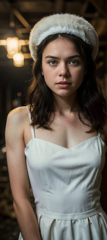 Daisy Ridley na neve, com um busto maior,com um traje militar russo , with a Russian Pilotka stewardess hat with lots of snow, com um sobretudo militar russo na Neve, looking at the camera with a mysterious look of arrogance. The image is richly detailed, setting off the vivid detail and bioluminescent luminosity of her eyes, and raw emotions associated with conflict (tears), which are the central focus of the Full body. The overall mood is dark and intense, she is in a war torn country with the cloth torn and disheveled but still exhibits a deep contrast to her eyes adding a layer of mystery and survival Her face has some marks from evading capture and hiding in destroyed buildings. A Soft lighting casts gentle highlights on her skin and the delicate textures of the cloth, while illuminating the emotion and detail in her eyes to enhance their captivating allure. The composition is intimate, emphasizing the contrast between the dark cloth and her luminous gaze, midjourney