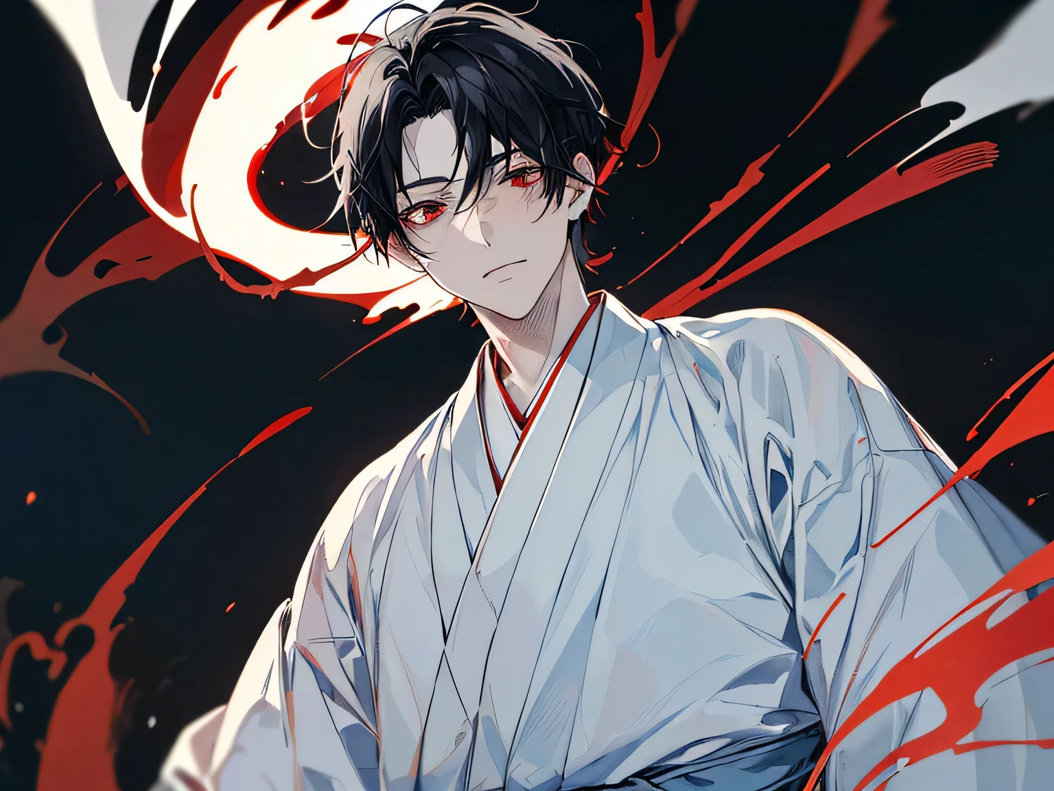 red eys,upper body, face focus,((masterpiece: 1.4, highest quality)), one man, Pale red eyes, black hair,(Japan priesthood, white and light blue hakama: 1.3), Sparks on black background