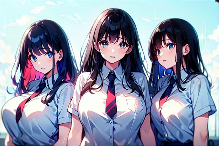 3girls,trio,perfect skin,4k, high resolution,uhd,cowboyshot,pov,beautiful detailed eyes, detailed lips, long eyelashes, bright and vibrant colors, natural lighting,(best quality, highres), ultra-detailed, soft and smooth texture, no distractions, dreamlike sensation, slight bokeh effect,highlighting her figure,deformed and independented breasts,(small breasts:0.5),Skin Gloss,oily skin,Skin Highlights,schooluniform,Almost undressed,cleavage