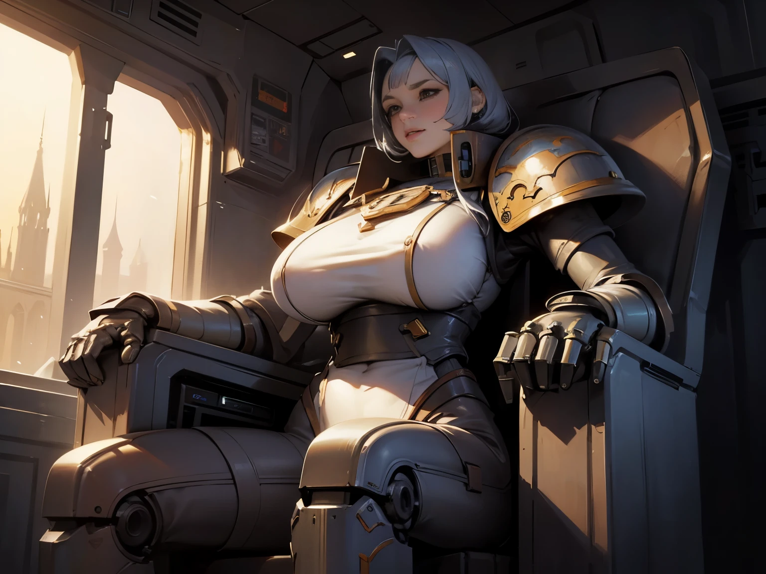 ((1 cyborg woman)),((huge breasts)),((curvy woman)),((lying on a treatment table, holding her legs wide open in an m shape)),((a penis implanted in the anus)) ,((embarrassed face)),((bare breasts, with lots of bubian hair, wearing a scientist's coat)),((long gray hair, bright yellow eyes)),((with an assistant,)),(( facing the viewer)),