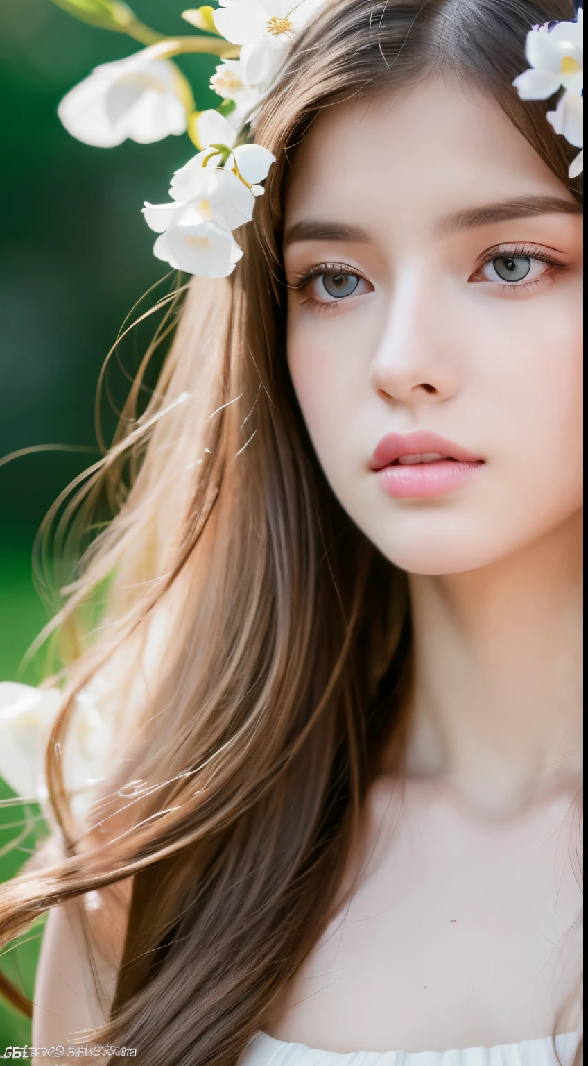 (highest quality,4k,8K,High resolution,masterpiece:1.2),Super detailed,(realistic,realistic,realistic:1.37),sports late,woman,flowing long hair,Off-white iris,empty gaze,plump pink lips,White flowers bloom at the tips of my hair,graceful,medium shot,black dress.delicate long legs