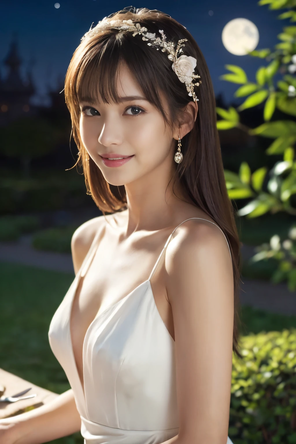 ((table top:1.4, highest quality)), (realistic pictures:1.4),
((1 girl)), (Pure actress), (dream-like),
(超High resolution:1.2), very delicate and beautiful, wonderful, Highly detailed CG Unity 8K wallpaper, Super detailed, High resolution,
soft light, beautiful detailed girl, highly detailed eyes and face, beautifully detailed nose, beautiful and detailed eyes,
(Wear a white dress:1.3),
cinematic lighting, perfect anatomy, slender body, (parted bangs),
(Relax in the gardens of European castles at night:1.3), (moon明かりに照らされる花園:1.3), (Colorful flowers blooming all over々), (moon), (outdoor), (contrast of light and dark),
cowboy shot, looking at the viewer, (archaic smile)