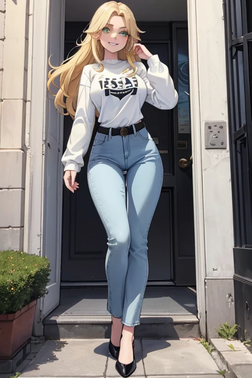 female, blonde long hair, green eyes, pale skin, (((1girl))), (((white long sleeve t-shirt))), (light blue denim pants), (black belt), (black flats), cute and sexy, large breasts, large butt, full body, long legs, smiling