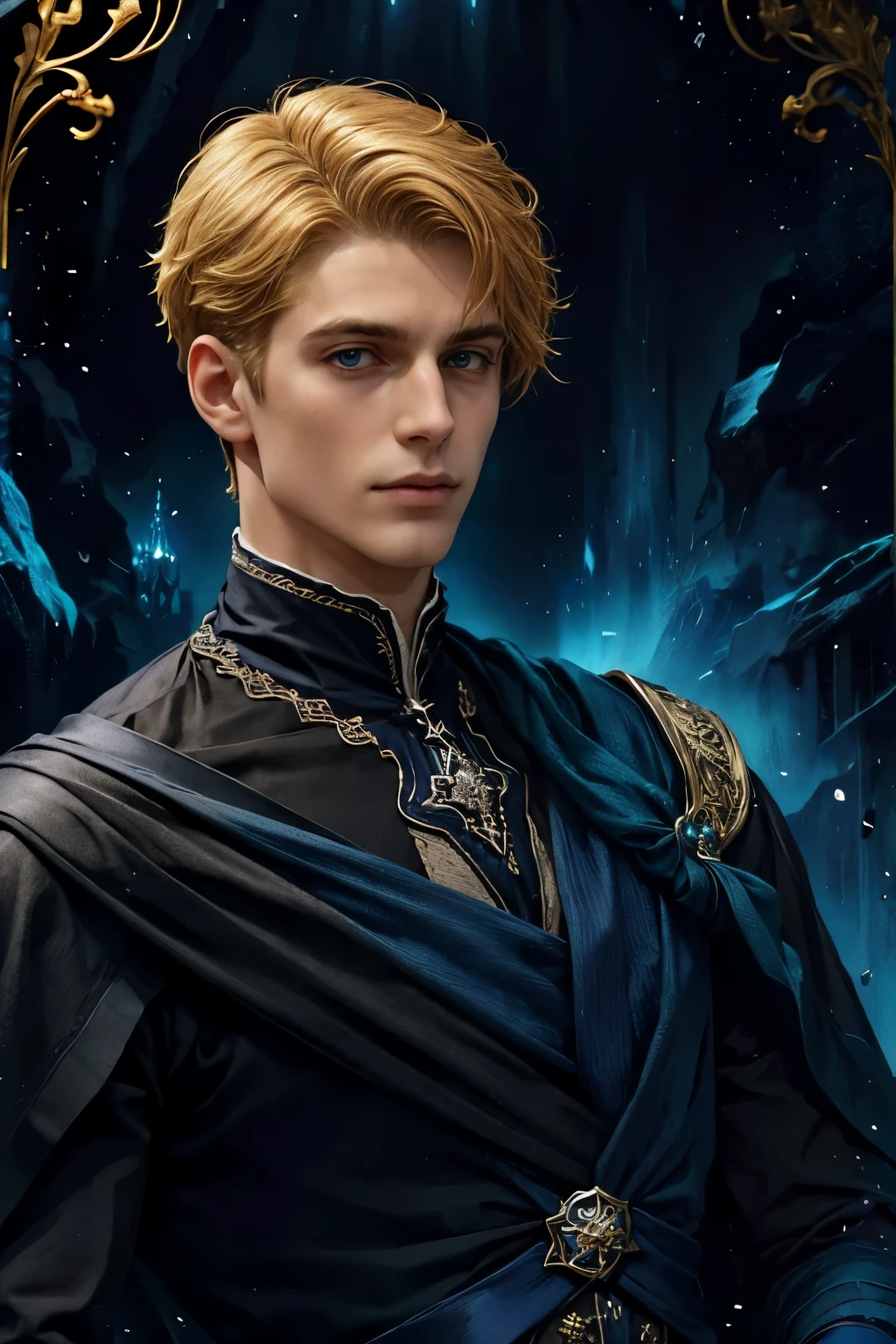 Retrato de um homem lindo, olhos azuis, cabelo loiro curto estilo principe. Dressed in slightly gothic prince clothes, roupa todas pretas, personagem super detalhado, fundo preto, altamente real, 4K, detalhe super alto. dark vibe. Cores escuras. dramatic art. Short blonde hair, blue eyes.