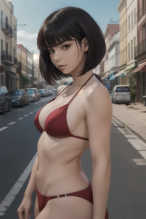 (SFW), una foto cruda de una mujer, Cazador de esferas, bobcut, PELO NEGRO, flequillo contundente, Brown eyes, labios, red labios, pechos medianos, caminando, bikini , al aire libre, ciudad, bullicioso, cuerpo completo, (textura natural de la piel, hyperrealism, afilado, piel detallada), HDR, HD 8K, Detalle completo, film grain, Fotorrealista, 8K, HD, DSLR, (cinematographic:1.2), overley movie,