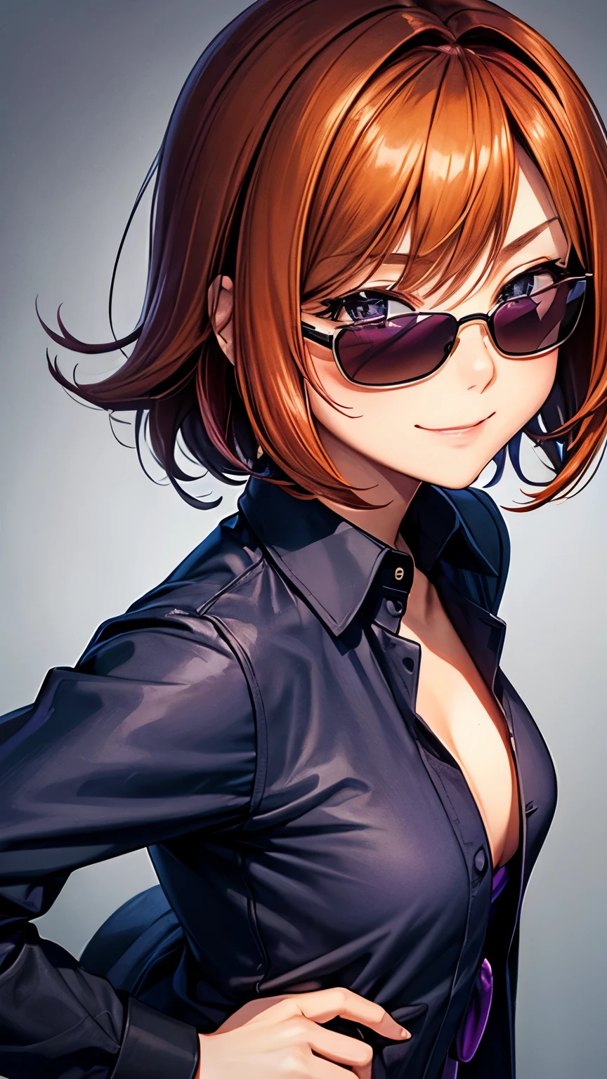 29 years old Japanese active girl ((very small breast , very slender)),straight hair ((shiny deep orange color , very short hair )),((asymmetrical much shaggy long forelock)),BREAK, ((jet-black dress shirt, deep  indigo vest )) , looks tidy and enjoyable smile ,BREAK, big droopy eyes, ((dark purple sunglasses)), blush , BREAK, cheerful and eloquent atmosphere,((face focus:1.3)),(( looking back pose)), best quality 