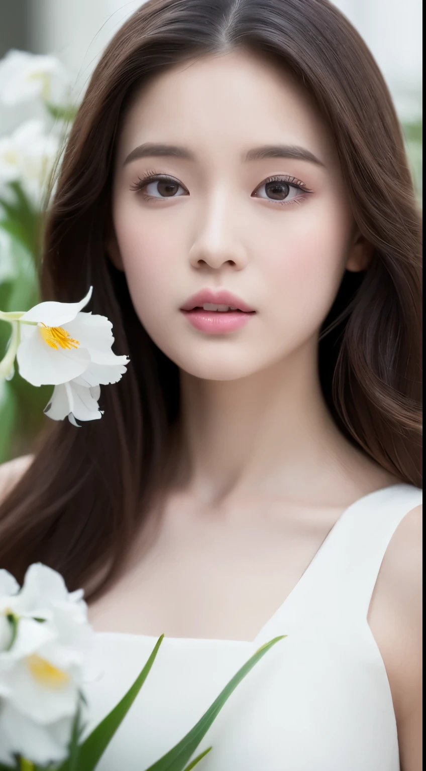 (highest quality,4k,8K,High resolution,masterpiece:1.2),Super detailed,(realistic,realistic,realistic:1.37),sports late,woman,flowing long hair,Off-white iris,empty gaze,plump pink lips,White flowers bloom at the tips of my hair,graceful,medium shot,black dress.delicate long legs