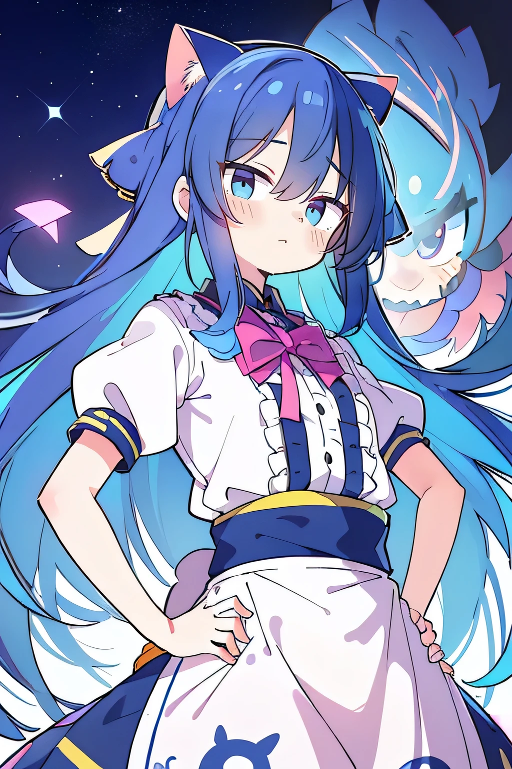 (masterpiece),best quality, expressive eyes, perfect face, 1girl,
Put your hands on your waist,fair, Gorgeous,Japanese cartoons,girl,lola,Hina Angel, blue hair, blue haired, floating clothes,Grab your waist, Grab your waist, hands on hips , hands on hips,flat chest,cat ear,starry sky,