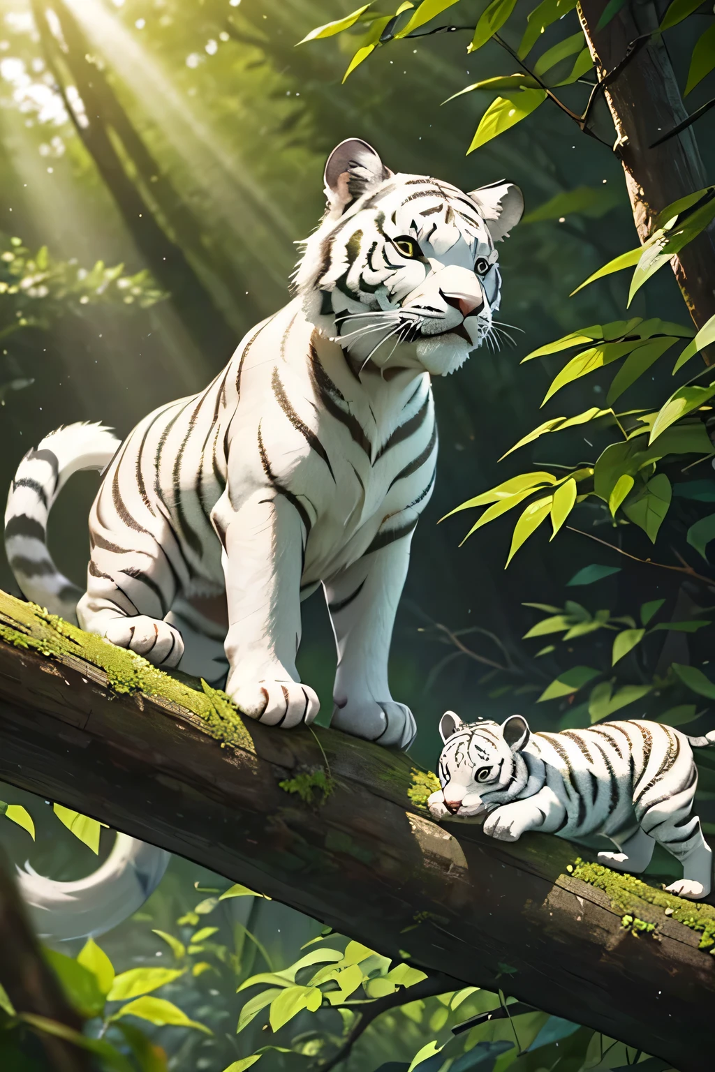 The picture shows a peaceful forest，Wooded，Sunlight shines through the leaves，Shining on the little white tiger and other animals。The bird is jumping happily on the branch，A squirrel looking for food on the ground。 | A white tiger cub is playing with a panda，They are playing on the grass，Enjoy the good time。 | The camera focuses on the eyes of the little white tiger，The eyes are full of curiosity and vitality，Showing its cuteness and innocence。