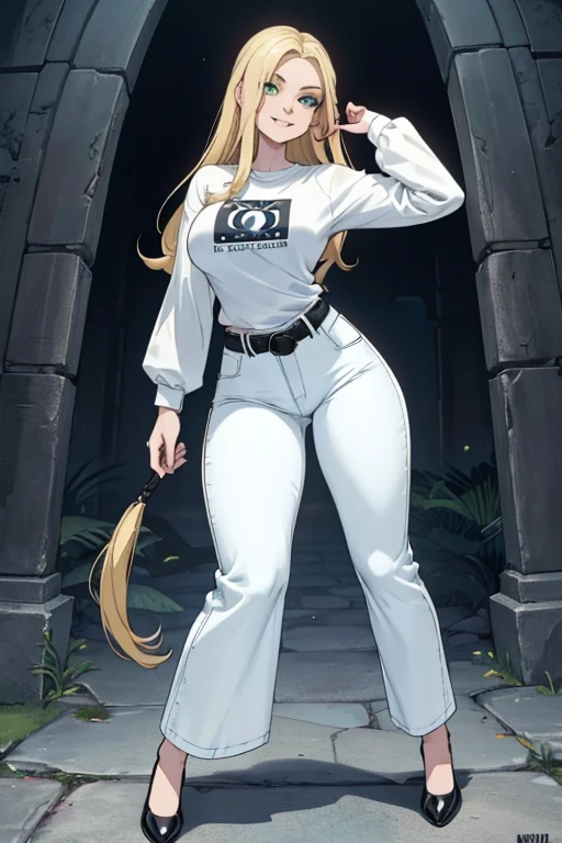 female, blonde long hair, green eyes, pale skin, (((1girl))), (((white long sleeve t-shirt))), (light blue denim pants), (black belt), (black flats), cute and sexy, large breasts, large butt, full body, long legs, smiling