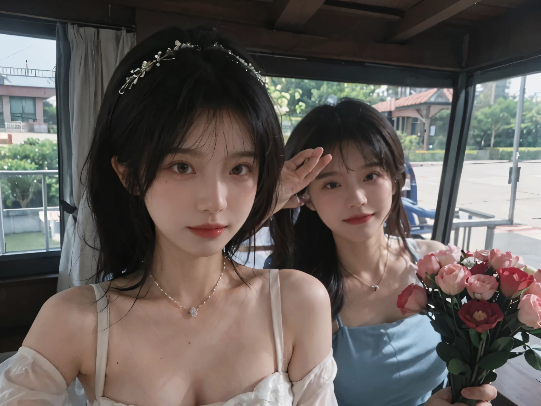 best quality， ultra high resolution， （realistically：1.4），cute hairpin，Baoyu Girl，Standing in the wedding hall，（flat chest：1.2） ，A pair of clear and charming peach blossom eyes,Royal sister，The sun shines on the face，Big wavy hairstyle，（necklace：1.2），（White skin：1.4），a sense of atmosphere，a beautiful girl，looking directly at the viewer， Close-up cleavage ，(lifelike:1.4),1 girl,Sexy,(Upper body:1.4),(wet),(:1.2)