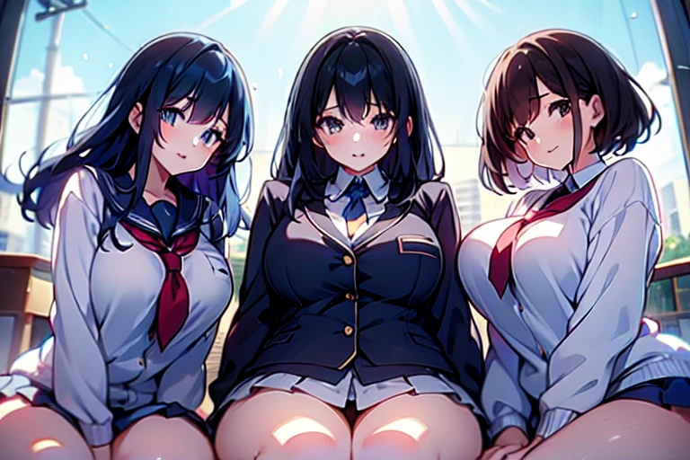 3girls,trio,perfect skin,4k, high resolution,uhd,cowboyshot,pov,beautiful detailed eyes, detailed lips, long eyelashes, bright and vibrant colors, natural lighting,(best quality, highres), ultra-detailed, soft and smooth texture, no distractions, dreamlike sensation, slight bokeh effect,highlighting her figure,deformed and independented breasts,(small breasts:0.5),Skin Gloss,oily skin,Skin Highlights,schooluniform,Almost undressed,cleavage,from below,lap pillow