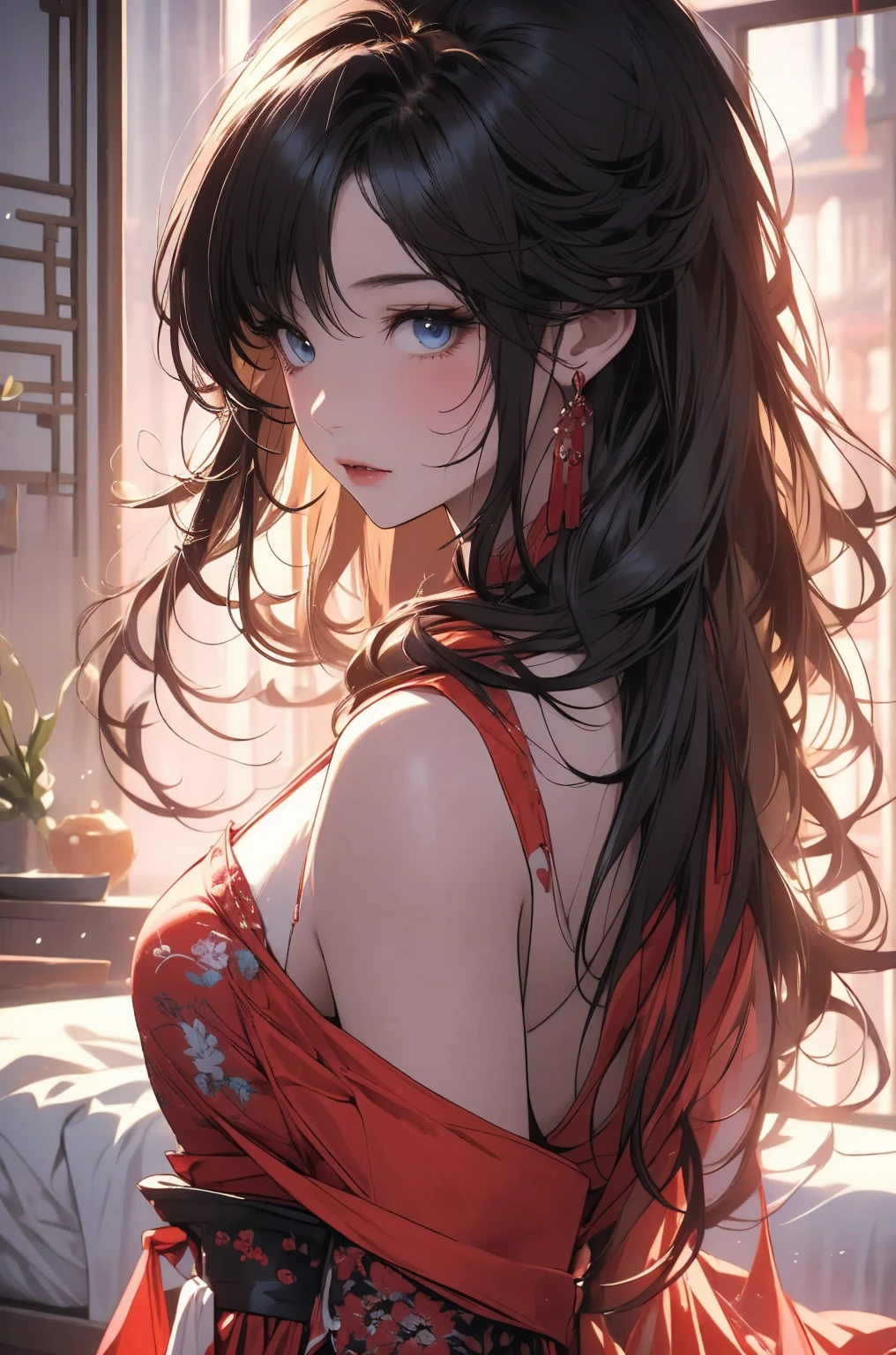 masterpiece,8k,high quality,full body:1.7,clean blue eyes,open red mouth,red tiek,Very calm and gentle expression,many sparking picture,,silky white wet skin,open mouth,biggest large brest,tight west,very sparking pink clothes,a woman in a pink sparking chinese dress sitting on a bed,Sheer off-the-shoulder peach lace chinese princess tulle dress,an anime drawing, by Yang J, fantasy art,red bra, render of a cute 3d anime chinese girl, artgerm and william bouguereau,long wavy shyny black pink hair,nightcore, beautiful detailed body and face, beautiful avatar pictures, high quality detailed anime,chinese sexy lady,wide angle landscape view:1.6,chinese gorgeous bedroom,