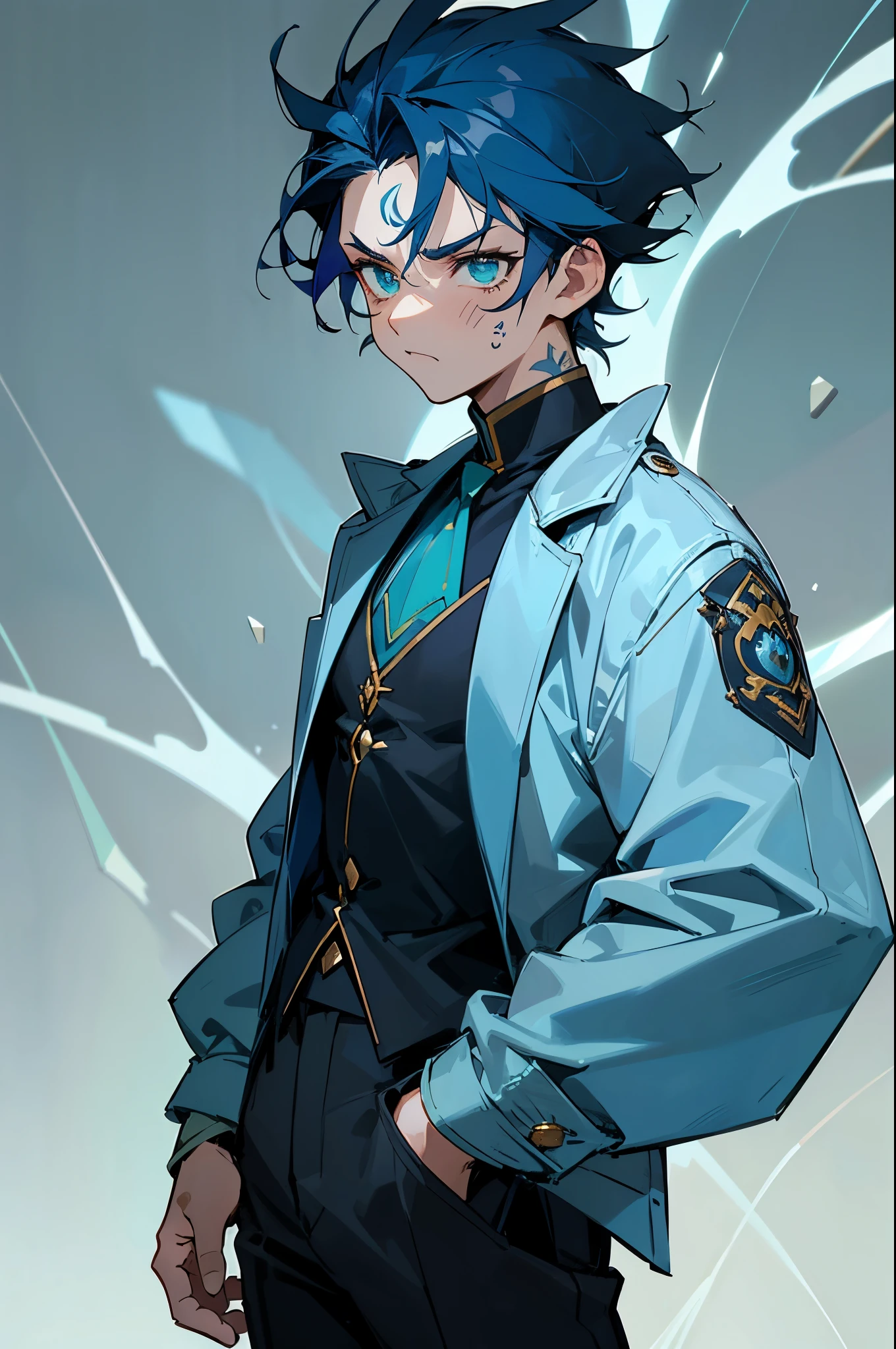Dark Blue Hair, Blue Tear Drop Tattoo,young male ,light green eyes, blue gem on chest, angry expression, hands in pockets, rocky background, grassy background, white shirt, blue jacket, black pants,