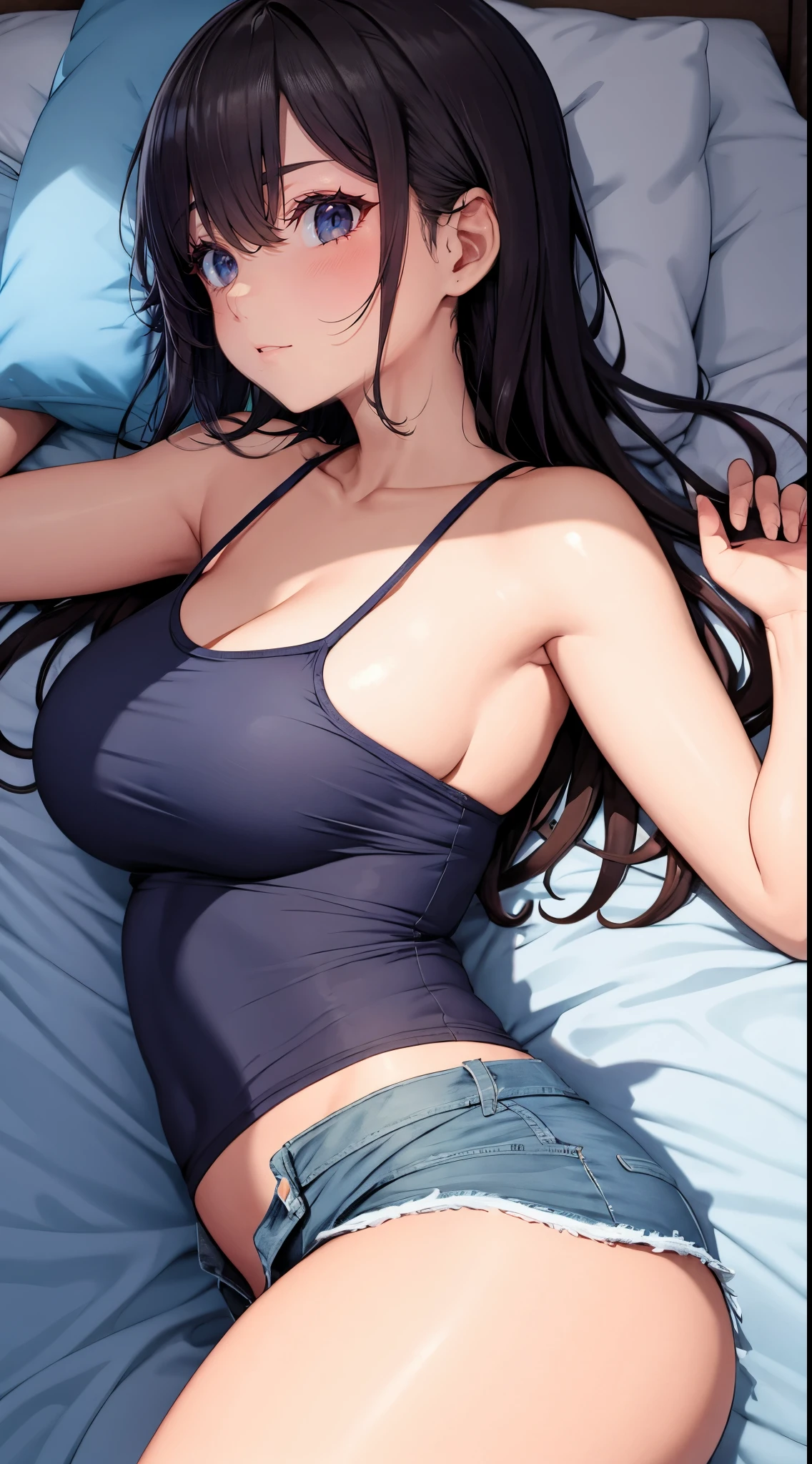 ((masterpiece)),(best quality),official art,extremely detailed CG,unity 8k wallpaper,ultra detailed, bedroom lying down, by the sea,1girl,solo,upper body,(portrait:1.2), long hair,fringe, smile, blue eyes, hair between eyes,large breasts, large butt, sexy waist, sexy thighs, white T shirt, blue shorts, feet visible, full body,