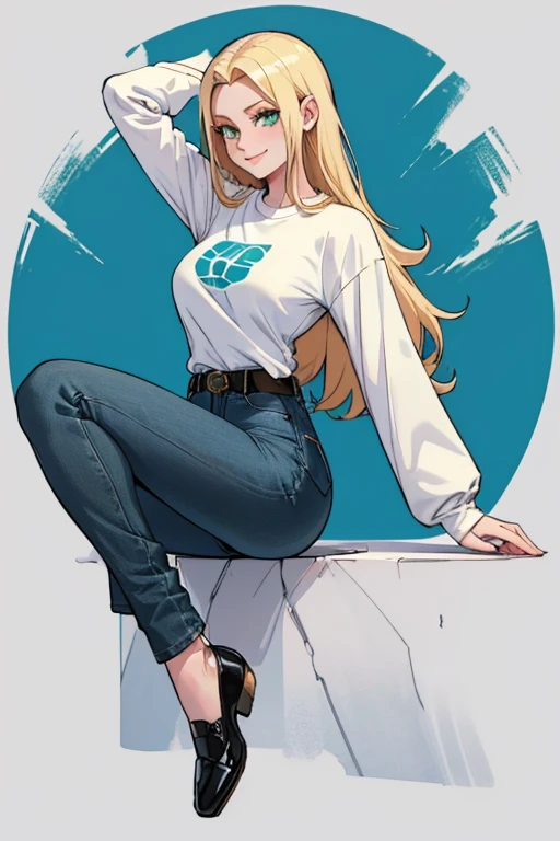female, blonde long hair, green eyes, pale skin, (((1girl))), (((white long sleeve t-shirt))), (light blue denim pants), (black belt), (black flats), cute and sexy, large breasts, large butt, full body, long legs, smiling