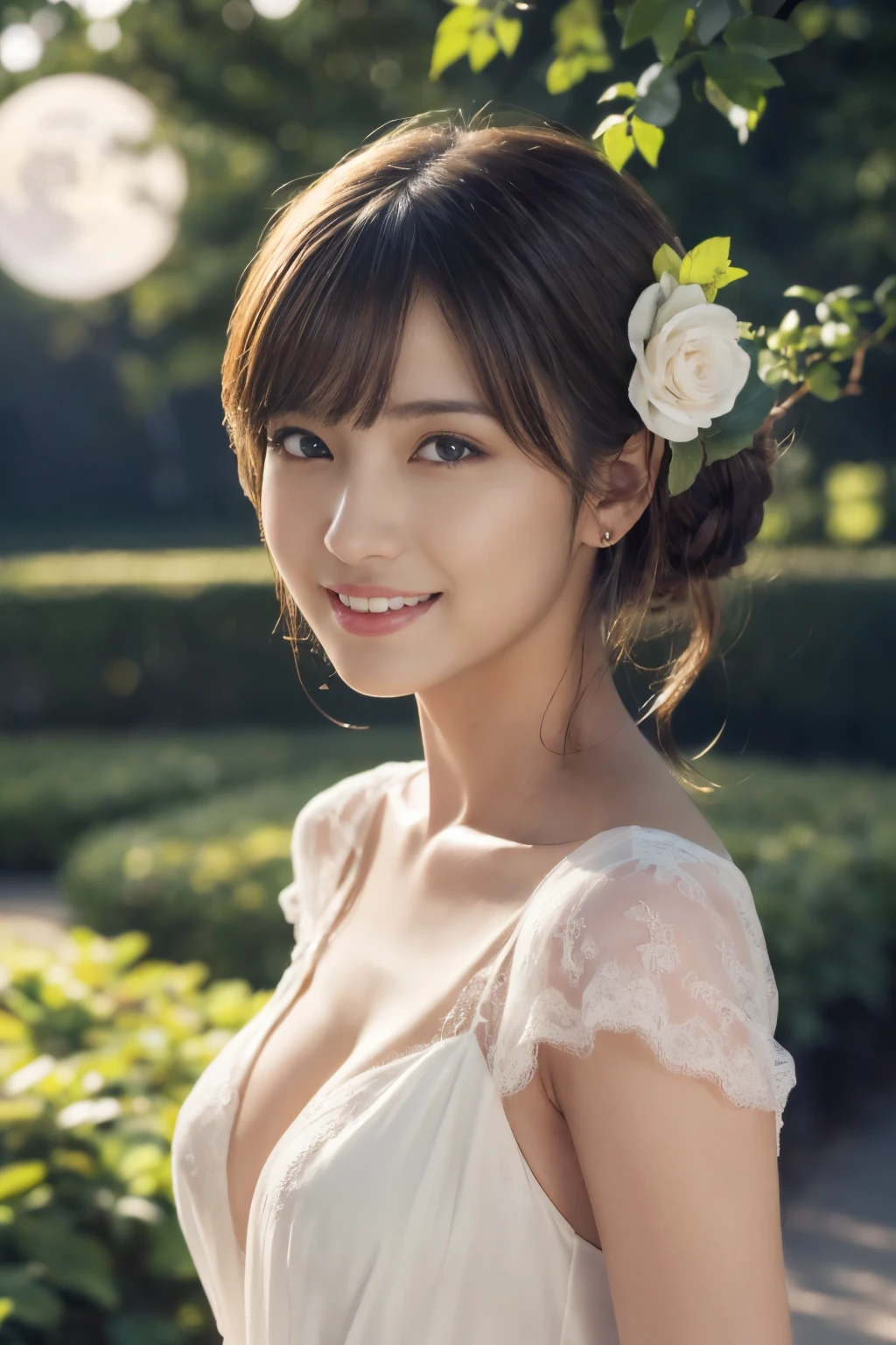 
((table top:1.4, highest quality)), (realistic pictures:1.4), 
((1 girl)), (Pure actress), (dream-like),
(超High resolution:1.2), very delicate and beautiful, wonderful, Highly detailed CG Unity 8K wallpaper, Super detailed, High resolution, 
soft light, beautiful detailed girl, highly detailed eyes and face, beautifully detailed nose, beautiful and detailed eyes, 
(Wear a white dress:1.3), 
cinematic lighting, perfect anatomy, slender body, (parted bangs),
(Relax in the gardens of European castles at night:1.3), (moon明かりに照らされる花園:1.3), (Colorful flowers blooming all over々), (moon), (outdoor), (contrast of light and dark),
cowboy shot, looking at the viewer, (archaic smile)